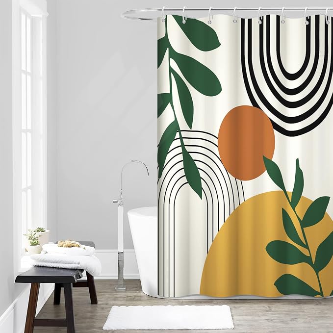 Boho Sun Shower Curtain with Hooks for Bathroom 60x72 Inch | Waterproof Mid Century Green Leaves and Arch Shower Curtain Set, Soft Beige Bathroom Decor
