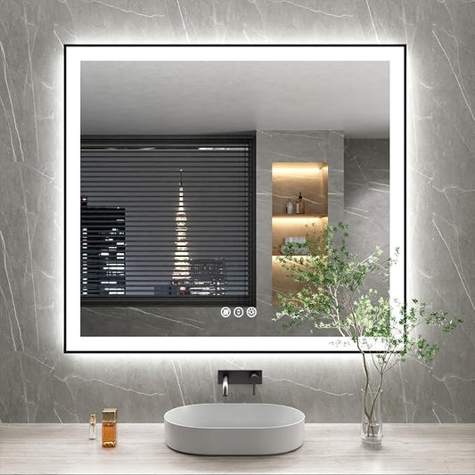 40x36 Inch LED Bathroom Mirror with Black Frame | Black Metal Frame, Front and Backlit, 3 Colors, Dimmable, Memory, Anti Fog, Tempered Glass, Lighted Mirror for Wall