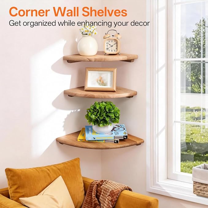 Gieanoo Corner Floating Shelf 10inch Solid Oak Wood Floating Corner Shelf with Wire Hole Corner Wall Mount Storage Display Shelves for Living Room Bedroom Bathroom Kitchen