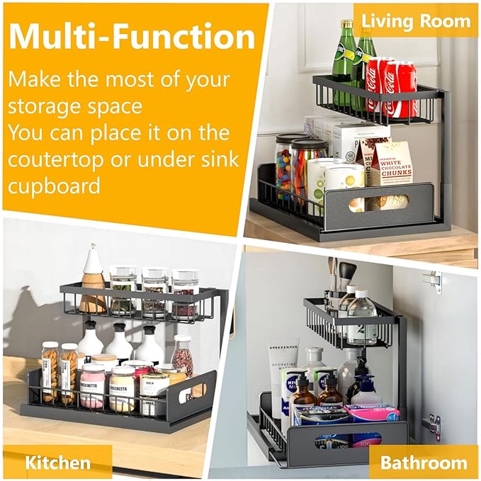 Ceetug Slide Out Under Sink Organizers and Storage, Black, 2 Pack | 2 Tier, Sturdy Metal, Cabinet Organizer, for Kitchen Bathroom
