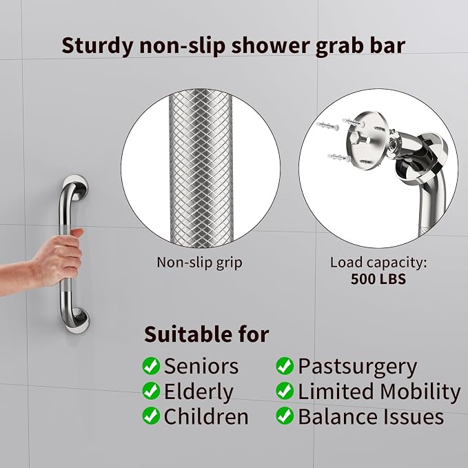 ZUEXT 2 Pack 12 Inch Chrome Anti Slip Shower Grab Bar with Knurled Grip | Bathroom Balance Support Rail, Assist Handle for Handicap, Elderly, Seniors, Wall Mount Stainless Steel Bath Safety Handrail