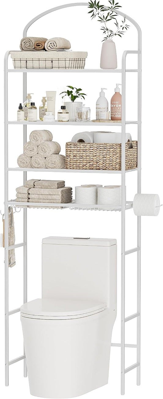 4-Tier Over The Toilet Storage, Bathroom Organizer | Space-Saving, 72"H Above Toilet Storage Rack with 4 Hooks and Paper Holder, Metal Shelf, White
