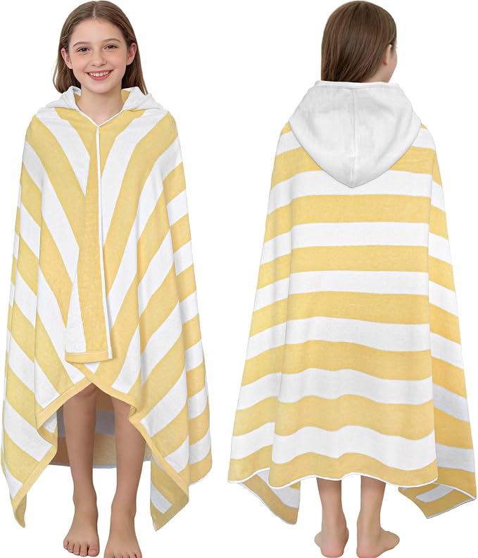 VOOVA & MOVAS Big Kids Hooded Towel, 8+, 100% Cotton, Yellow White Stripe | Classic Stripe Pattern, Soft, Absorbent & Fast Drying, Suitable for Daily Bath and Beach Trips