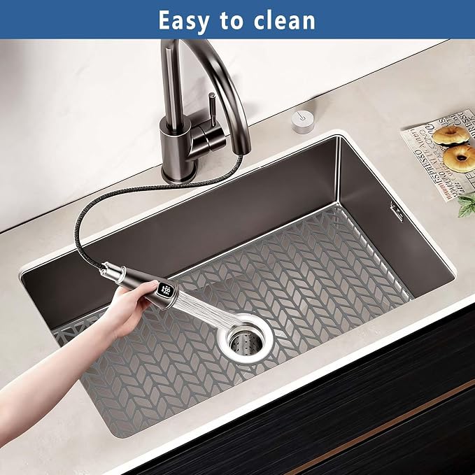 AWOKE Large Silicone Sink Protectors for Kitchen Sink, 30" x 16" Center Drain Hole, Sink Mat for Bottom of Farmhouse Kitchen Stainless Steel Sinks, Raised Feet/Heat Resistant/Non-slip (Gray)