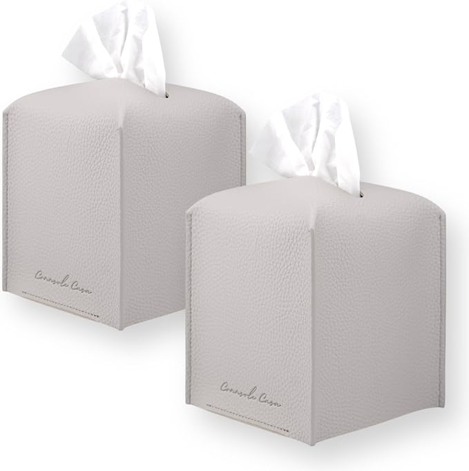 Premium PU Leather Tissue Box Holder - Elegant Hotel-Style Tissue Box Cover for Home, Office & Car Décor, Tissues Cube Organizer for a Natural & Classic Look (Light-Grey 2 Pack)