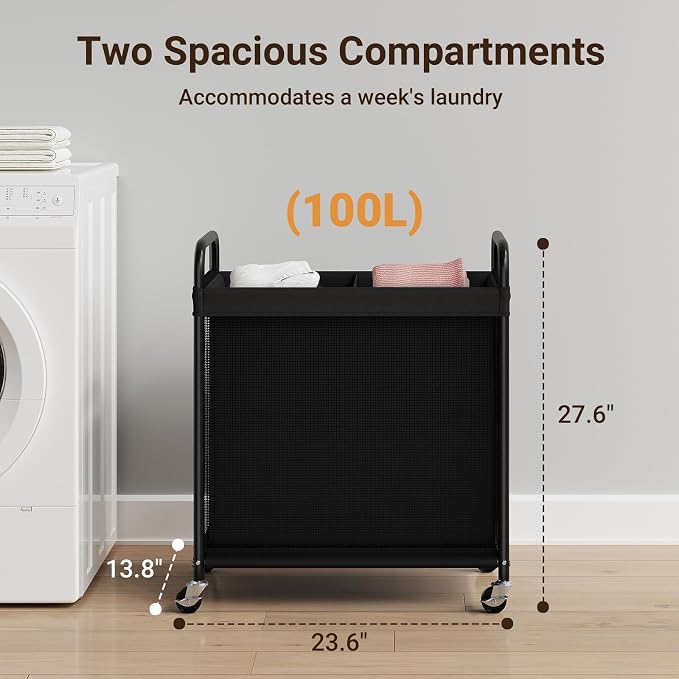 ELYKEN Laundry Hamper 2 Section, 100L Rolling Laundry Sorter with Wheels | Removable Washable Liner Bags, Sturdy Steel Frame and Metal Handle, Double Compartment Clothes Organizer for Laundry Sorting