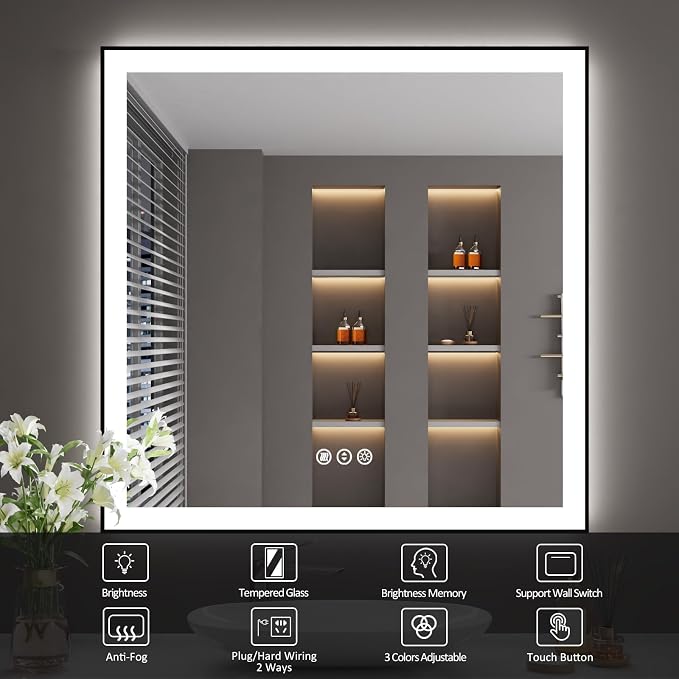 36x36 Inch LED Bathroom Mirror with Black Frame | Black Metal Frame, Front and Backlit, 3 Colors, Dimmable, Memory, Anti Fog, Tempered Glass, Lighted Mirror for Wall