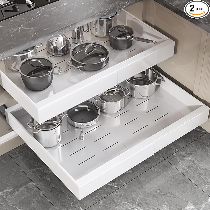 Seinloes 2 Pack Pull Out Cabinet Organizer 22" Deep,Full Extension 3 Slide Rails Slide Out Drawers With Raising Pad for Framed Cabinets,Expandable Width (15.4"-26.2"),No Drill Roll Out shelf,White