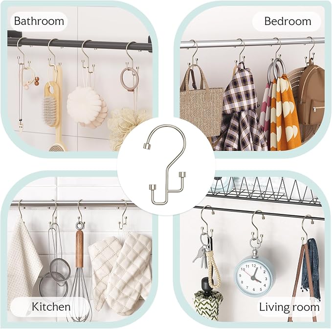 Bathway 12-Pack Double Shower Curtain Hooks, Rust-Resistant Metal Shower Curtain Rings with High-Low Design to Separate Liner & Curtain, Smooth Glide, Nickel