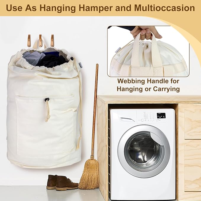 Laundry Backpack Canvas Laundry Bag with Straps Drawstring, Beige, XX-Large | Heavy Duty Washable Dirty Cloth Hamper Bag with Large Front Pocket for College, Travel, Laundromat, Camping