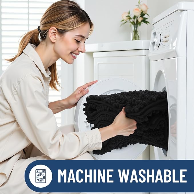 Smiry Bathroom Rugs 59X20, Extra Soft Rubber Backing Chenille Bath Mats | Black Machine Washable Non Slip Quick Dry Bath Mats for Bathroom Floor, Tub, Shower, Home Decor Accessories