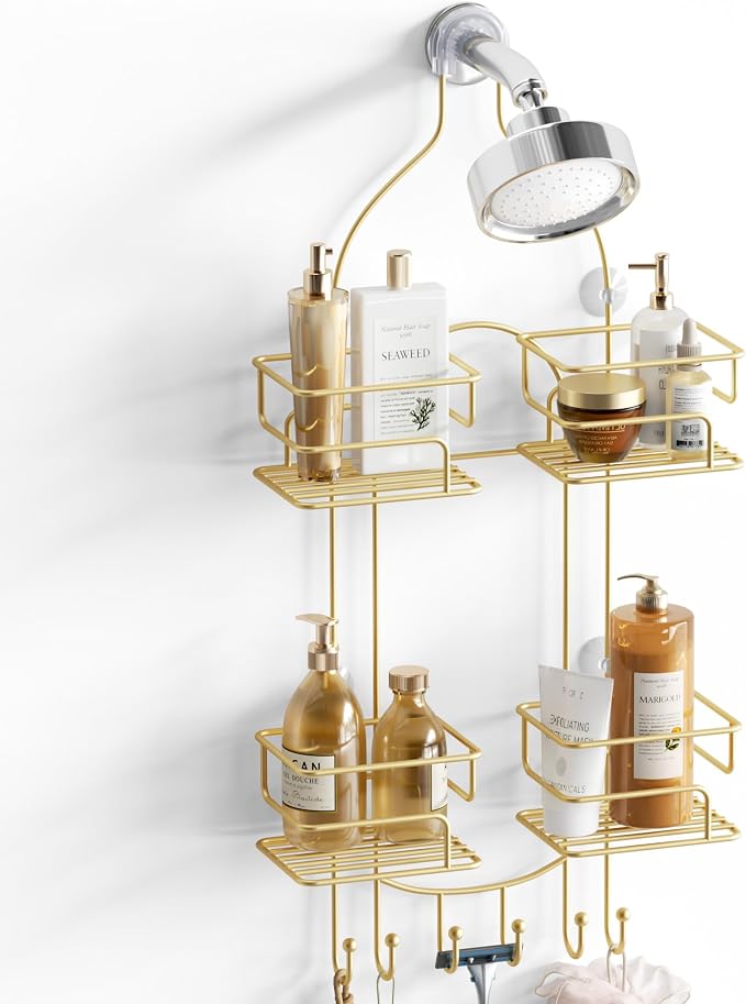 SRIWATANA Shower Caddy Hanging, Shower Organizer with Razor Hooks, Gold | Rustproof Shower Rack, No Drilling Shelves Over Shower Head, Anti-Swing Scution Install, Bathroom Holder for Sponge Loofah