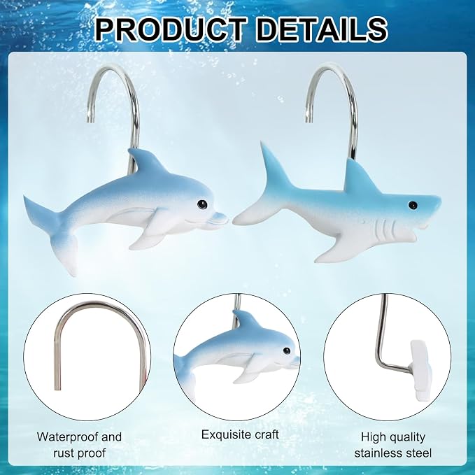 12-Piece Shark Shower Curtain Hooks for Bathroom | Dolphin Decorative Shower Curtain Hooks, Stainless Steel Shower Hangers Rings