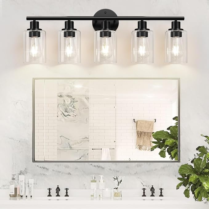 Zarbitta 5-Light Bathroom Light Fixtures, Black Modern Vanity Lights with Clear Glass Shade, Bathroom Wall Lamp for Mirror Kitchen Living Room Hallway Cabinet Porch