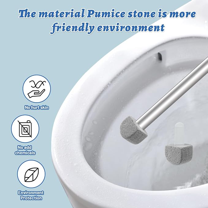 Pumice Stone Toilet Bowl Cleaner - Hard Water Stain Remover | Natural pumice removes hard water rings, limescale & rust on toilets, tiles, sinks & grills. Long handle + 8 refills.
