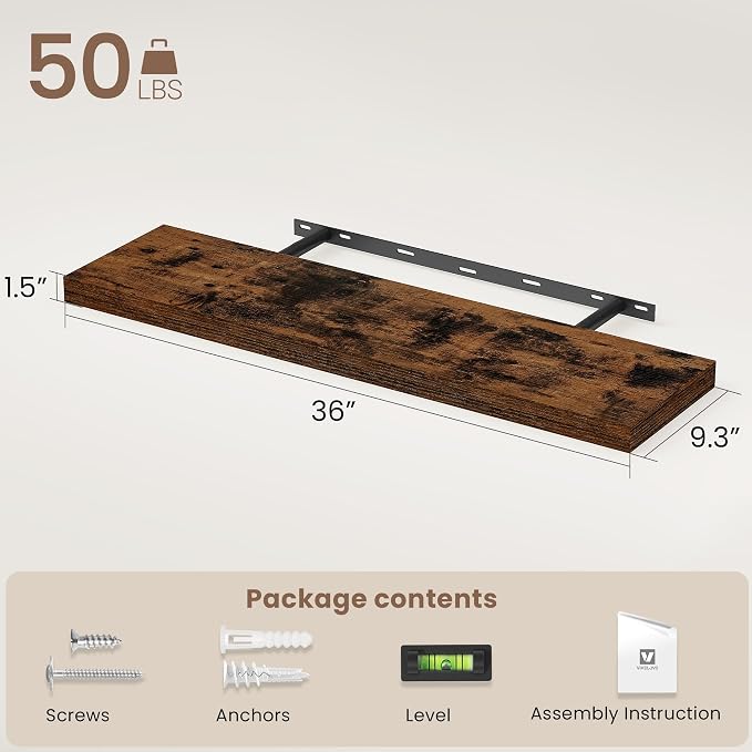Vivelove Floating Shelves 9 inch Deep 36”Long Set of 2, Rustic Brown | Easy Install With Hardware, 1.5" Thick, Invisible Brackets, Wall Mounted, No Sagging, For Any Room