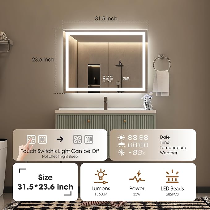 STARLEAD 24"x32" LED Bathroom Mirror with Built-in Clock, Dimmable Lighting, 3 Color Temperature, Anti-Fog, Touch Control Wall Mounted Vanity Mirror