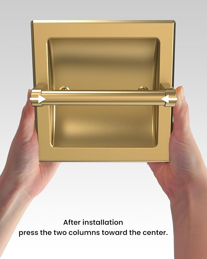 Recessed Gold Toilet Paper Holder, in Wall Toilet Paper Holder Pivoting, Gold Wall Mount Toilet Paper Roll Holder, Bathroom Brushed Brass Stainless Steel Tissue Holder