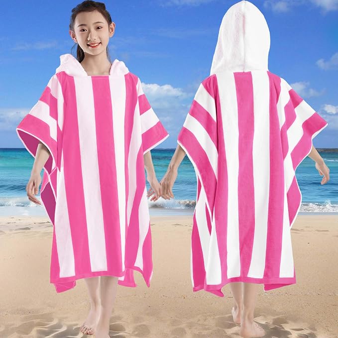 VOOVA & MOVAS Kids Hooded Poncho Towel, 8 Years UP, 100% Cotton,Pink Stripe | Eye-Catching Two-Tone Stripe Design, Soft, Absorbent & Quick Dry, Ideal for Beach, Pool and Daily Bath