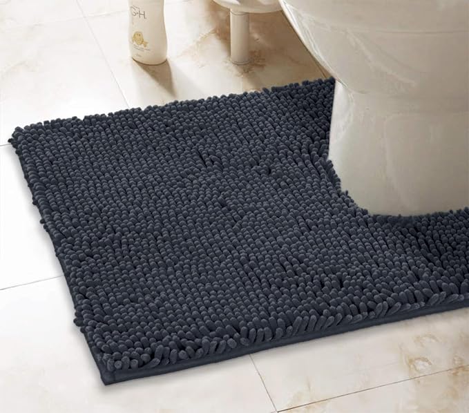 LuxUrux Charcoal Bath Mat - U-Shaped Contoured Rug for Around Toilet, Super Absorbent Shaggy Bath Rug. Easy Machine Wash & Dry (20" x 23", Charcoal)