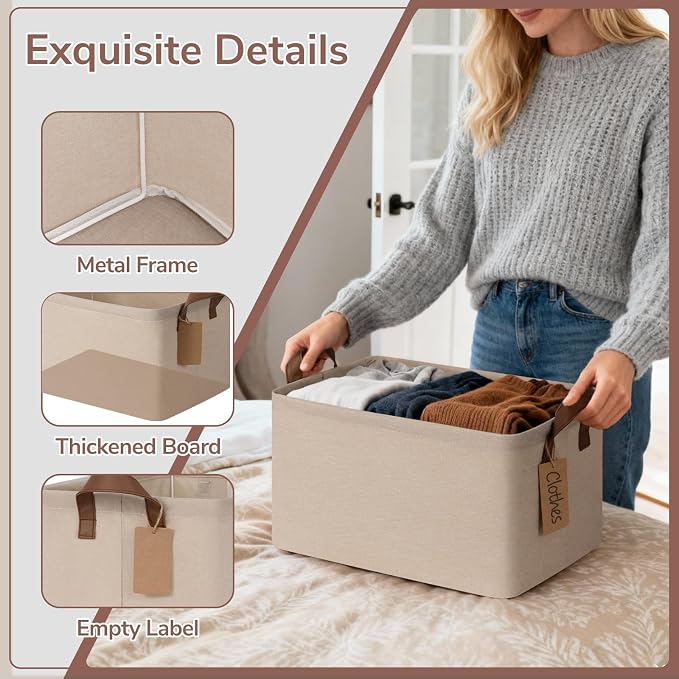CHICVITA 4 Pack Foldable Storage Baskets with Metal Frame, Brown | 14.8 × 10.3 × 8.3 in, Reinforced Leather Handles, Closet & Shelf Organization, Toys, Clothes & Towels Storage