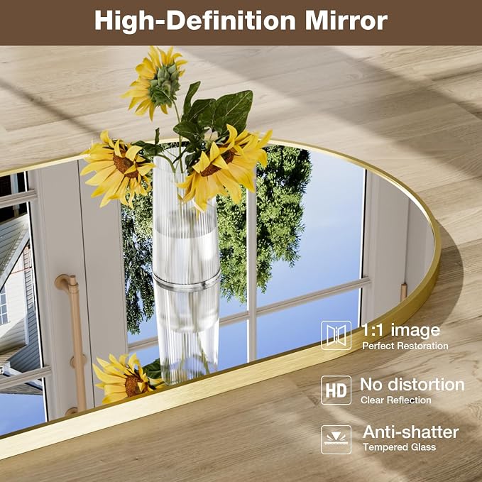 24"x30" Brushed Gold Arched Vanity Bathroom Mirror, Set of 2 | Aluminum Alloy Frame, Clear Reflection, Rust-Resistant, Vertical or Horizontal, Wall Mount, Bedroom and Entryway