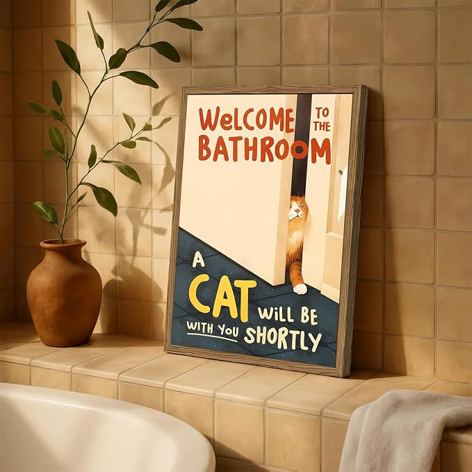 Funny Orange Cat Bathroom Wall Art Welcome to the Bathroom Sign Wall Decor Picture Cute Cat Animal Restroom Poster Canvas Prints 12X16 inch Wood Framed