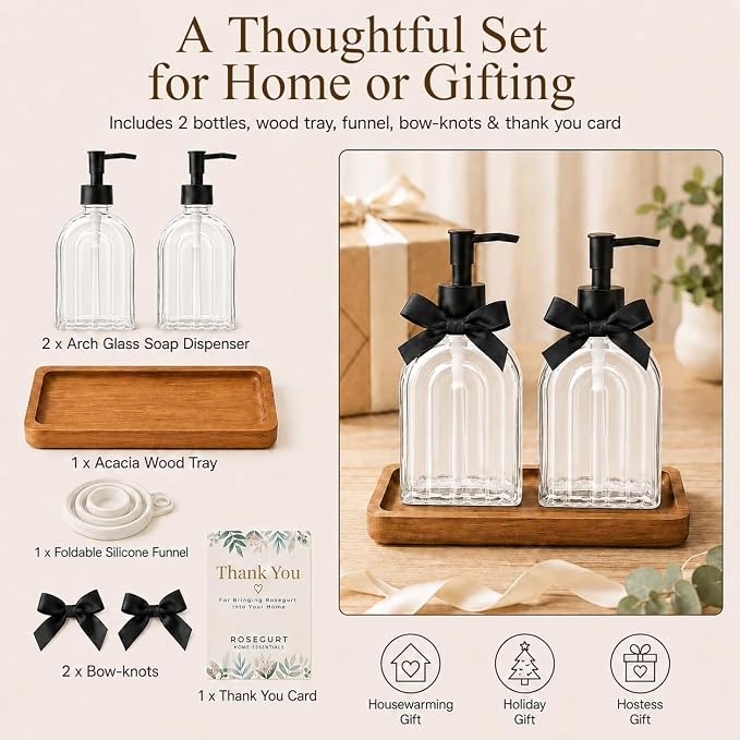 2 Pack Arch Glass Soap Dispenser with Acacia Wood Tray, 11oz Clear Rainbow Decorative Hand Soap Dispenser with Rustproof Pump, Refillable Liquid Dispenser for Bathroom, Kitchen, Countertop