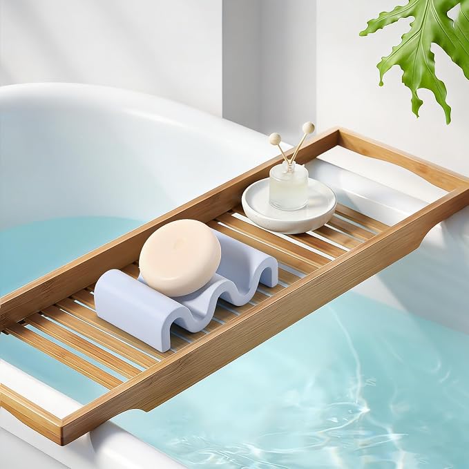 Diatomite Soap Dish Bar Soap Holder Wave Texture Sponge Tray, Blue | Quick Drying, Self Draining Design Helps Keep Bar Soap Dry for Bathroom Sink, Shower & Kitchen