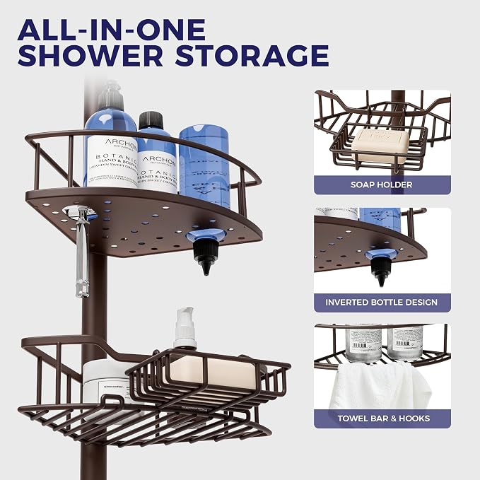 Corner Shower Caddy Tension Pole, 4-Tier Fan-Shaped Adjustable Rustproof Bathroom Organizer Shelves, 47"-125'', No-Drill Quick Installation for Inside Shower, Bathtub, Brown (BROWN)