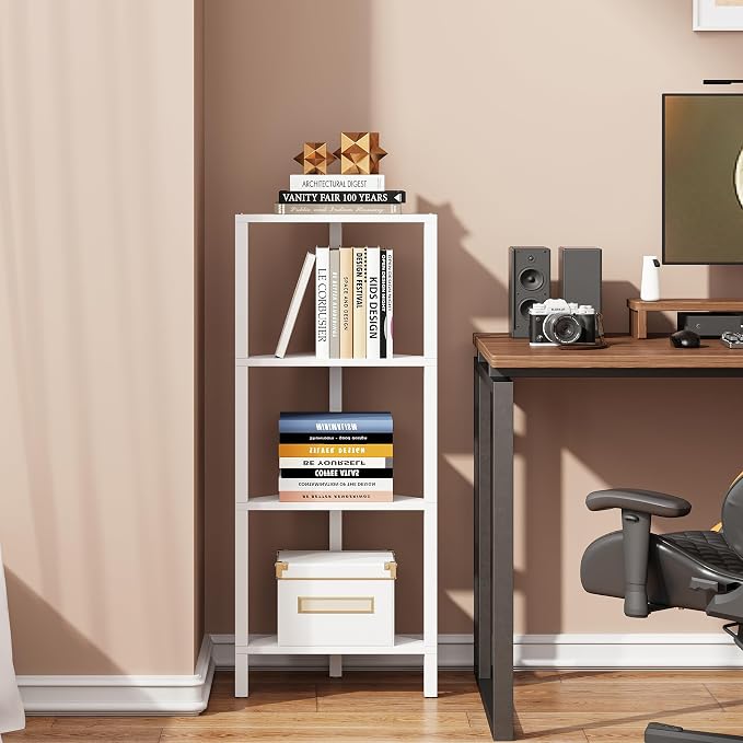 TUTOTAK Corner Shelf, 4-Tier Corner Bookshelf for Small Space | Narrow Display Corner Shelf Stand with Storage Rack, for Living Room, Bedroom, White BS05BW004