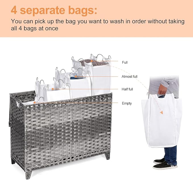 Laundry Hamper with 4 Removable Liner Bags, 176L Laundry Sorter with Lid | Raised Feet; Side Carry Handles; Handwoven PP Rattan; Rust-Resistant Iron Frame; Decorative Woven Design