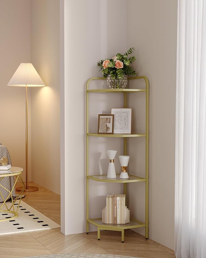 Hzuaneri Corner Shelf Stand, 6-Tier Glass Bookshelf Bookcase, Plant Stand | Bathroom Organizer Steel Frame, Tempered Glass, Modern Style for Living Room, Bathroom, Kitchen, Gold CS90400G