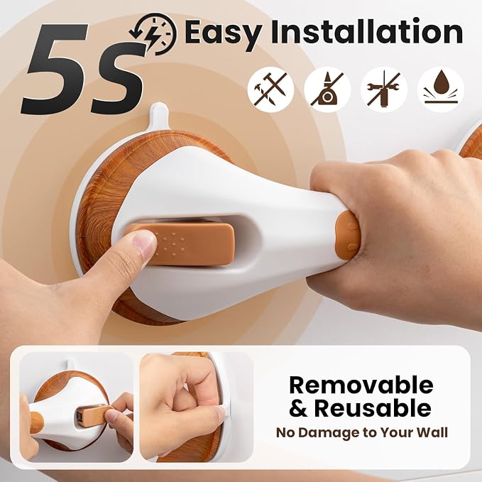 TAILI Suction Shower Grab Bar,Shower Handles,2 Pack 12.2" Wood Grain | Bathroom Grip Bar Heavy Duty Handrails,No Drilling Removable Waterproof,Safety for Bathtubs,Toilet,Elderly&Seniors,G9