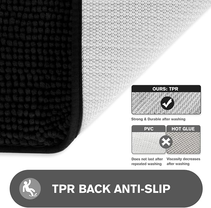 Bathroom Rugs 36 x 60 Inch – Extra Large Bath Mat | Absorbent and Washable Thick Chenille Bath Rugs Non-Slip Runner Rug for Bathroom, Shower, Tub(Black)