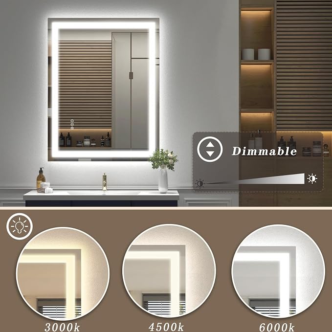 26x36 LED Lighted Bathroom Mirror for Vanity Wall | Front Light and Backlit, Anti-Fog, Memory, 3 Color, Tempered Glass, Dimmable, Rectangular, UL, Horizontal/ Vertical Mounted