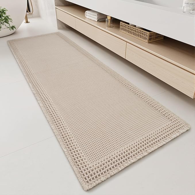 RESARE Waffle Bathroom Runner Rugs, Non Slip Boho Bath Mat 24x72 Pale Beige | Long Absorbent Bathroom Floor Mats Machine Washable Quick Dry, Soft Solid 2'x6' Bath Rugs with Tassels, Ideal Farmhouse Decor