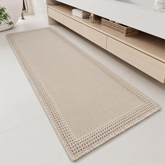 RESARE Waffle Bathroom Runner Rugs, Non Slip Boho Bath Mat 24x60 Pale Beige | Long Absorbent Bathroom Floor Mats Machine Washable Quick Dry, Soft Solid 2'x5' Bath Rugs with Tassels, Ideal Farmhouse Decor