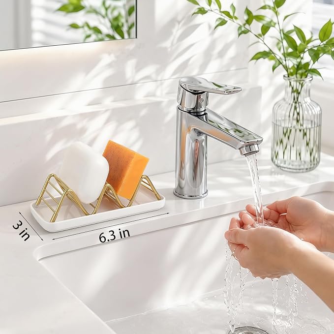 Stainless Steel Soap Dish Draining Soap Holder with Ceramic Tray, Gold | Reversible Design Fits 2-3 Bars, Rustproof, Easy to Clean, Space Saving, Non Slip, for Bathroom, Shower, Kitchen