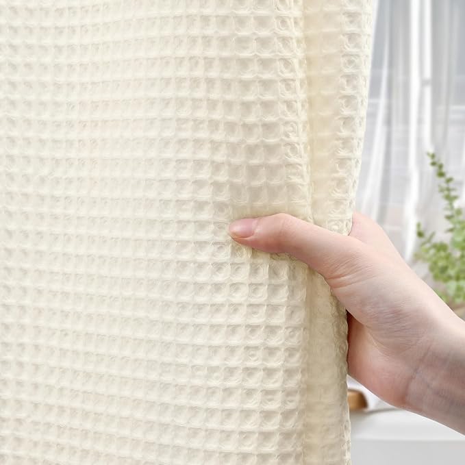 Extra Long Waffle Shower Curtain Heavyweight Cotton Fabric Ivory 72Wx84L | Soft Cotton Cloth,3D Square Truely Waffle,Washable, Hotel Luxury Spa, Shower Curtains for Narrow Bathroom 12 Plastic Hooks