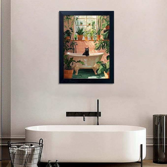 Framed Funny Bathroom Wall Decor Green Plant Picture Painting Modern Bathroom Wall Art Bath Black Cat Canvas Print Poster Animal Bathtube Artwork Maximalist Restroom Decor