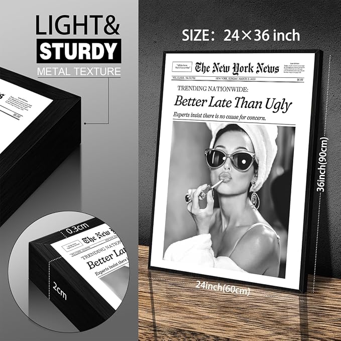 Black and White Newspaper Canvas Poster Better Late Than Ugly Quotes Wall Art 24X36 inch Black Framed Fashion Feminist Aesthetic Prints Bar Cart Wall Decor for Girls Bathroom