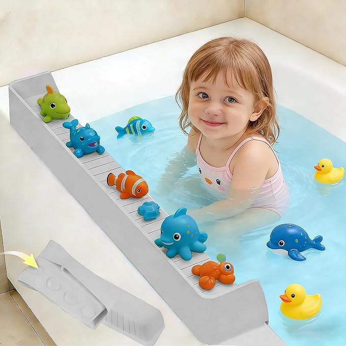 Kids Bathtub Splash Guard, Shelf & Toddler Bath Toy Tray -Gray | Bathtub Splash Guard PlayPad Shelf Area with Strong Suction Cups, Bathtub Ledge Guard, Fun Bath Time for Toddlers Baby