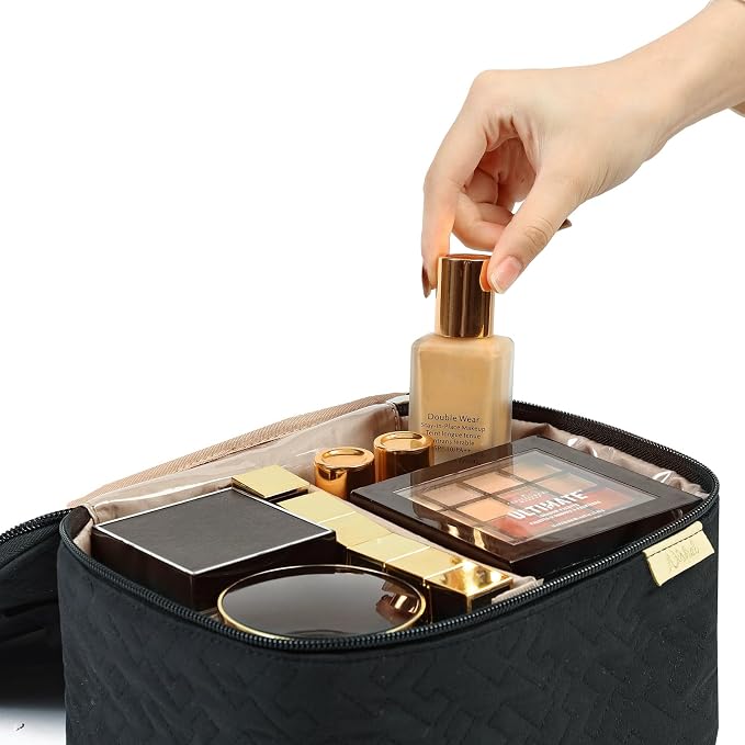 NISHEL Large Makeup Bag Organizer, Double Layer Cosmetic Travel Case | Organizer for brushes, bottles, makeup and skin care products, ideal for trips and daily use, Black, Medium