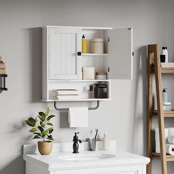 RRX Bathroom Cabinet Wall Mounted Medicine Cabinets with Towels Bar (White) | Over The Toilet Storage Cabinet with 2 Doors and Adjustable Shelf, White Wall Cabinet for Bathroom Laundry Kitchen