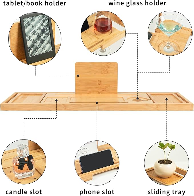 Utoplike Bamboo Bathtub Tray Caddy for Tub, Bath Table Bathroom Organizer | Adjustable, with Book Tablet Stand, Wine Glass Cup, 2 Sliding Towel Holder