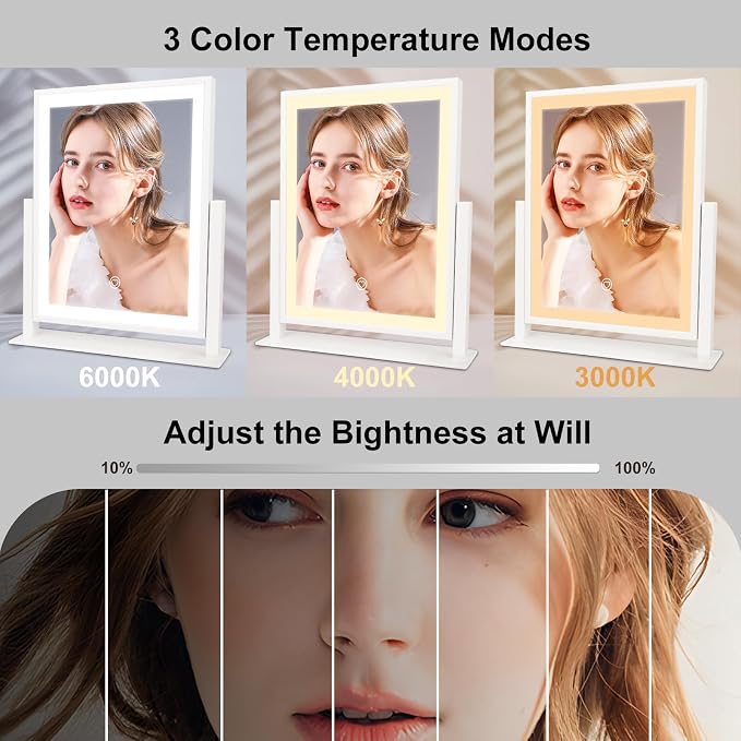 Beelux Vanity Mirror with Lights,15.3" Makeup Mirror with Light Smart Touch Control Dimmable 3 Modes Lighted LED Mirror 360°Rotation White for Christmas Birthday Thanksgiving Mother's Day