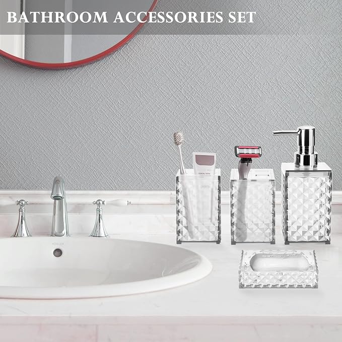 Bathroom Accessory Set, Grid Pattern 4 Pcs Plastic Bathroom Set, White | Include Soap Dispenser, Soap Dish, Toothbrush Holder, Mouthwash Cup, Modern Bathroom Decor Set
