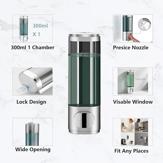 10oz/300ml Single Manual Wall Mounted Soap Dispenser, Silver | Bathroom Shampoo and Conditioner Dispenser, Clear Plastic Refillable Liquid Lotion Pump Dispenser and Organizer