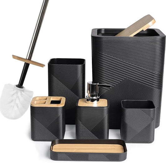 CERBIOR Bamboo Bathroom Accessories Set 6 Piece Square Spiral Set,Black | Includes Soap Dispenser, Toothbrush Holder, Toothbrush Cup, Soap Dish for Decorative Countertop and Housewarming Gift